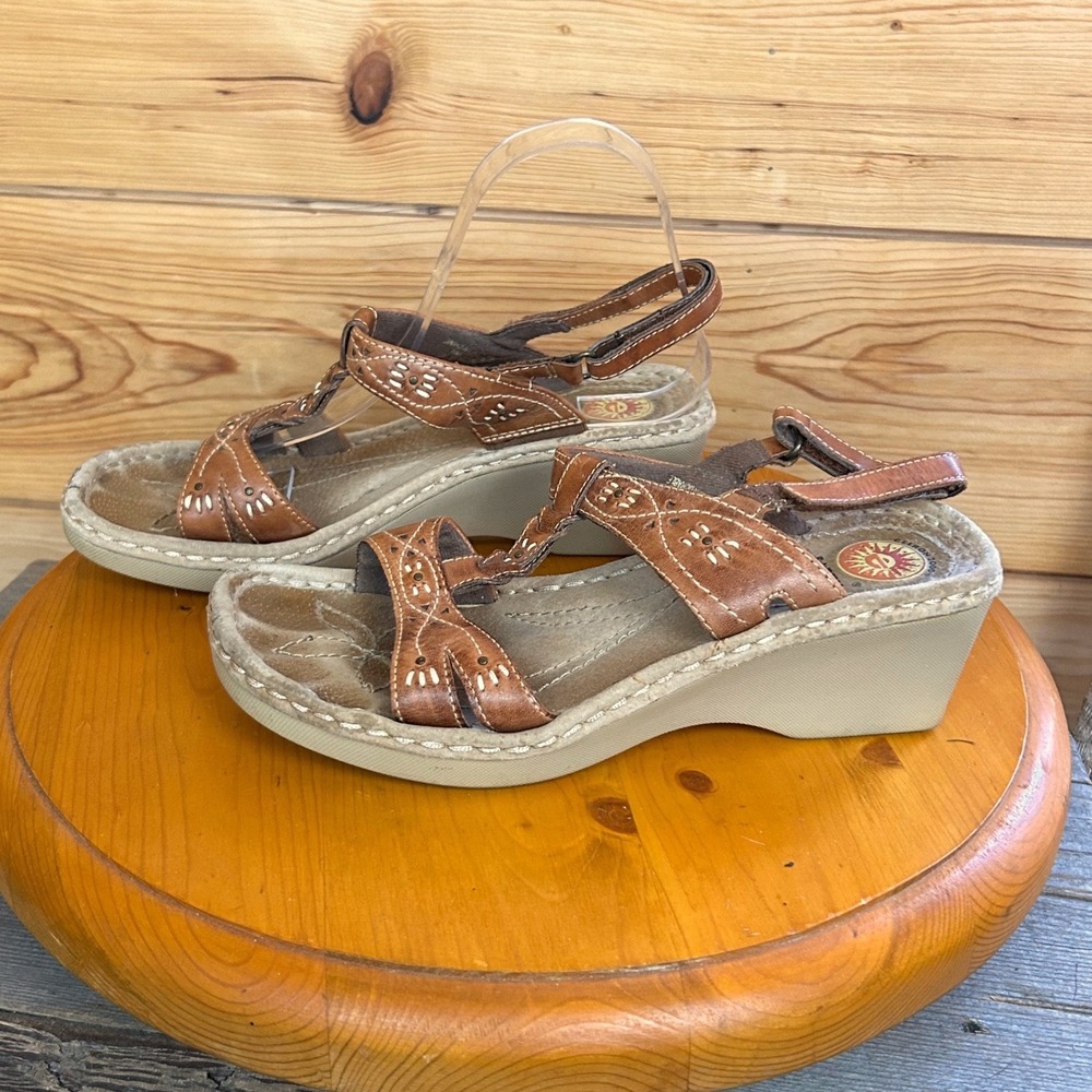 Earth Spirit Gelron 2000 Brown Leather Wedge Sandals Boho Stitching Womens 9 Y2K